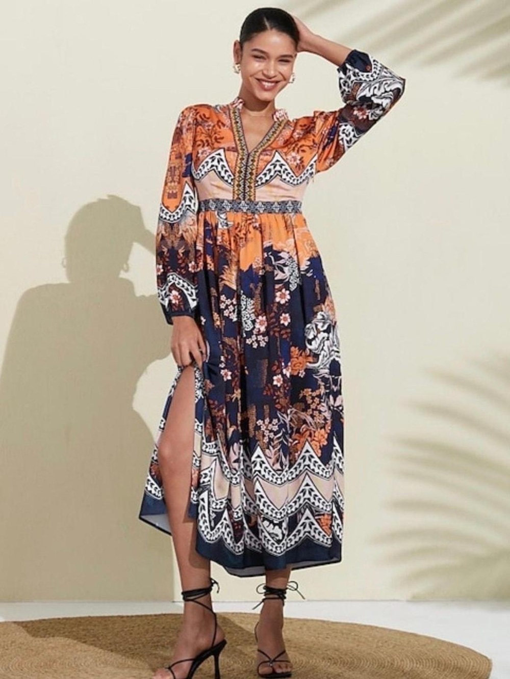 Anthro Boho Floral Maxi Dress in Orange and Black 10